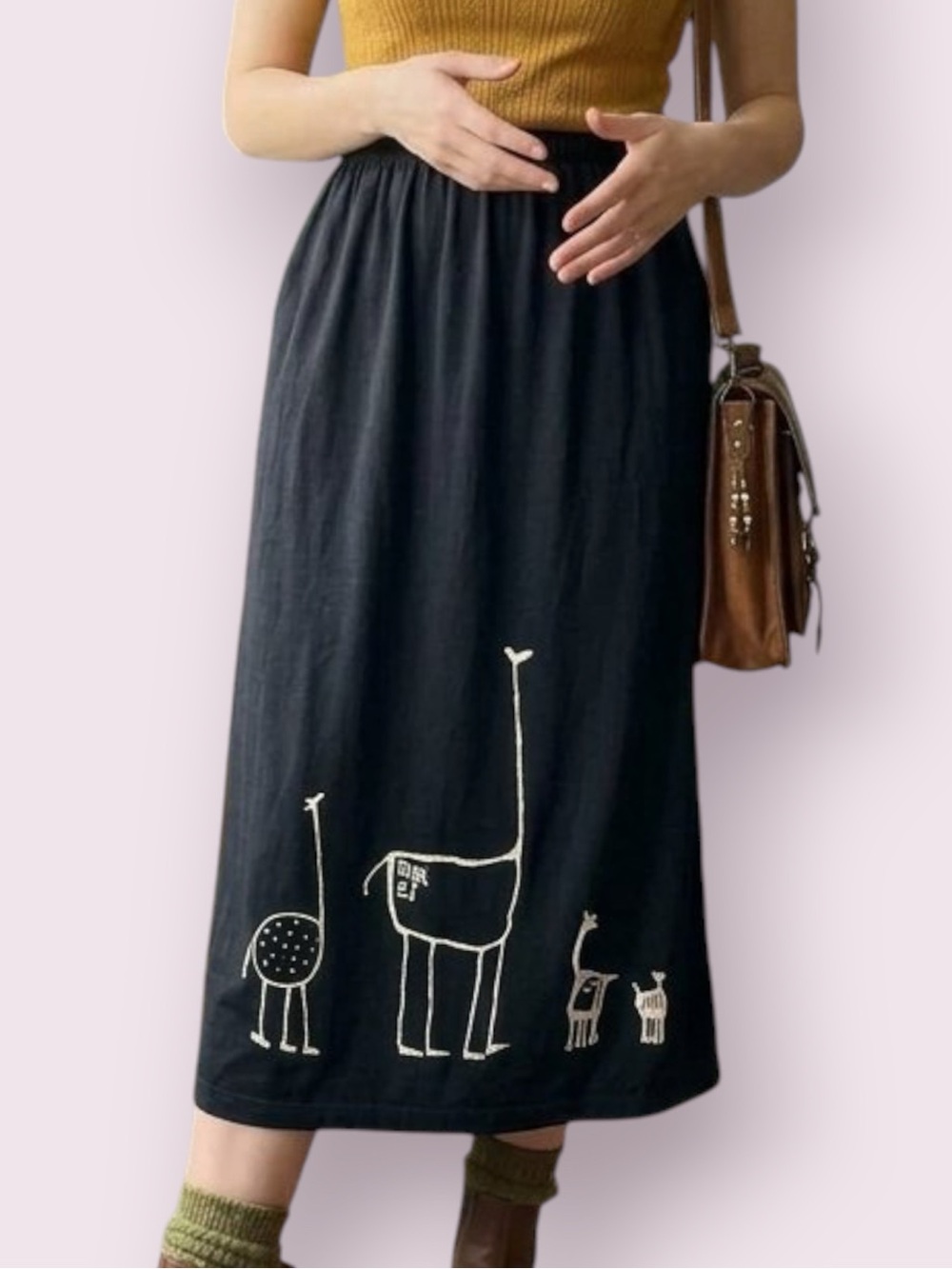 Vintage Black Jersey Maxi Skirt w/ White Whimsical Animal Line Art Size Large